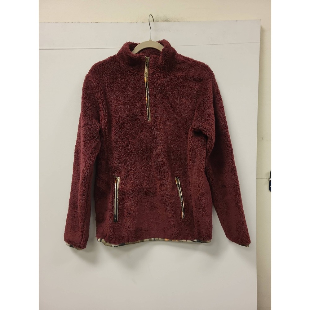 Legendary Whitetails Fleece‎ Pullover Mens Medium Burgundy Half Zip Camo Trim